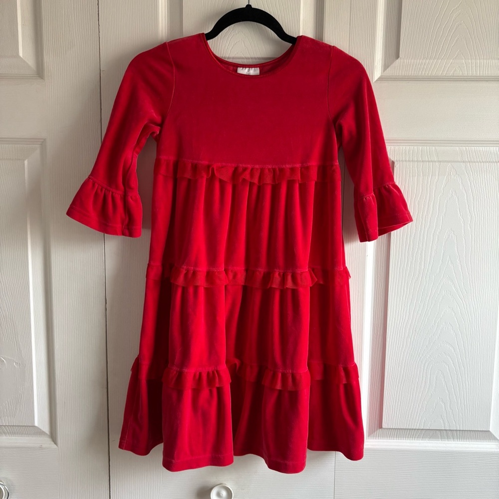Hanna Andersson Velour Dress 130 8 Red Bell Sleeve Flutter Holiday Tulle Festive